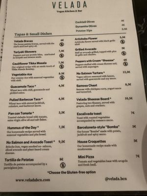 Menu front  at Velada in Barcelona