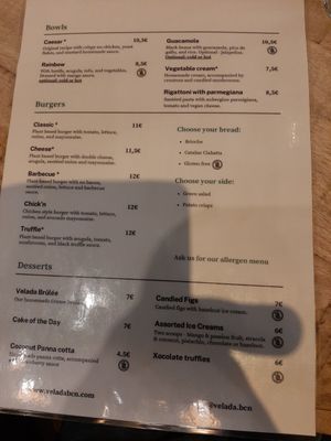 Menu page 2 at Velada in Barcelona