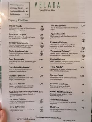 Menu at Velada in Barcelona
