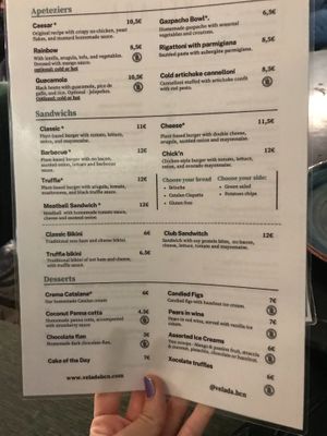 Menu at Velada in Barcelona