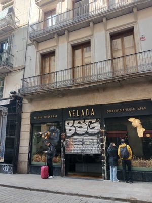 Outside, 10min before they opened to get a free table 🤗 at Velada in Barcelona