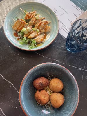 Croquetas and teriaky soy skewers   at Velada in Barcelona