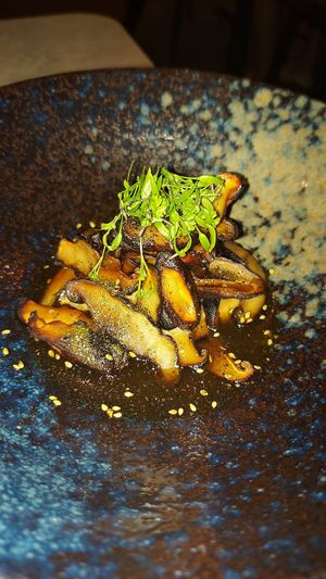 Smoked mushrooms with eggplant salad  at Five Senses in Santorini