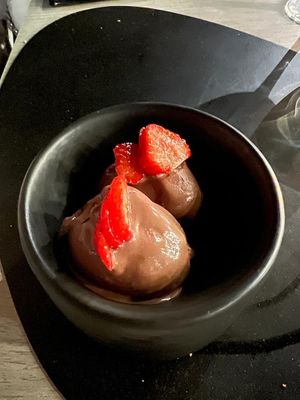 Chocolate sorbet dessert  at Five Senses in Santorini