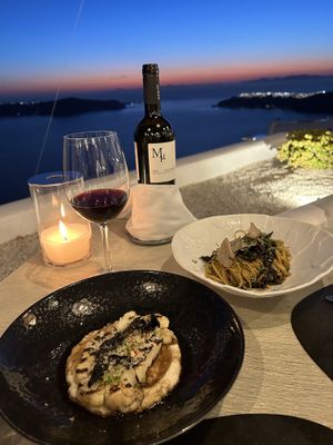 Cauliflower with almond hummus and truffle pasta   at Five Senses in Santorini
