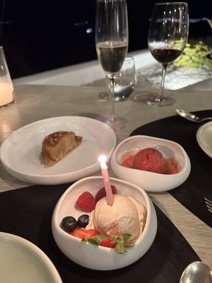 Cashew ice cream, sorbet, and apple pit pastry   at Five Senses in Santorini