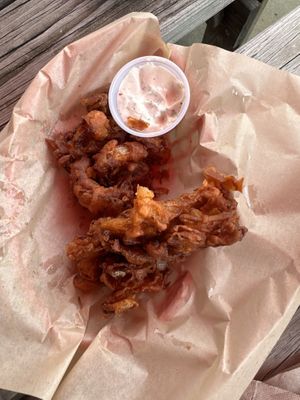 Onion Strings with vegan ranch   at Walt & Marie's Country Market & Cafe in Paw Paw