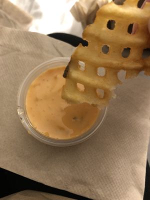 Waffle fries and house sauce   at Soy Boys in Toronto