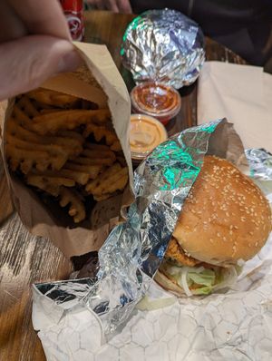 Waffle Fries and Chick'n Burger at Soy Boys in Toronto