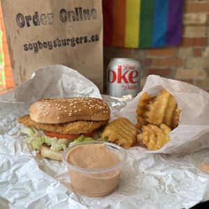 Chicken Burger and Waffle Fries with House Sauce at Soy Boys in Toronto