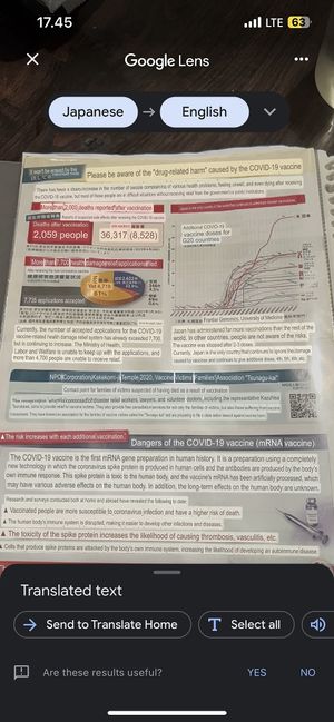 Anti-vaxx page from the menu, translated using Google translate  at Yakuzenshokudo Chabuzen in Tokyo