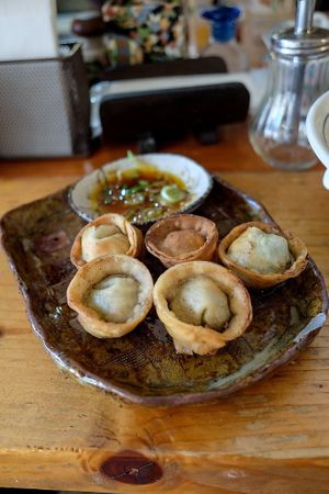 Garlic gyozas at Yakuzenshokudo Chabuzen in Tokyo