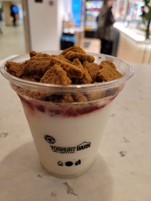 Frozen yogurt with crushed cookies and strawberry sauce. So good! at YB (Yoghurt Barn) by Autogrill Belgium in Brussels