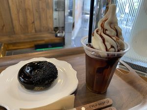 black sesame donut, soft serve n coffee  at Soy Stories in Fukuoka