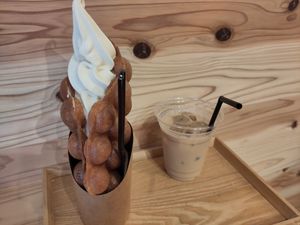 Soft serve and waffle, iced latte at Soy Stories in Fukuoka