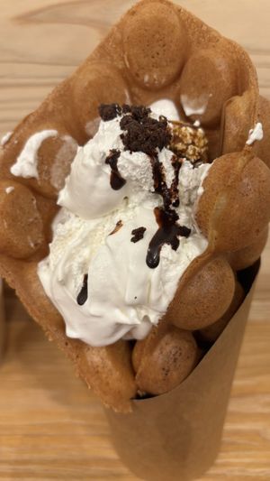 Whipped cream and waffle  at Soy Stories in Fukuoka
