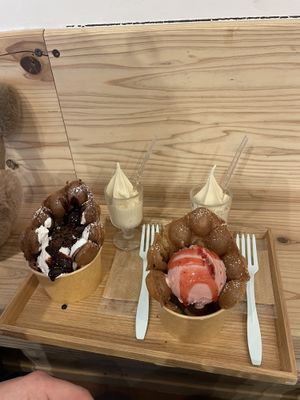 Rice flour waffle with strawberry ice-cream and cocoa  at Soy Stories in Fukuoka