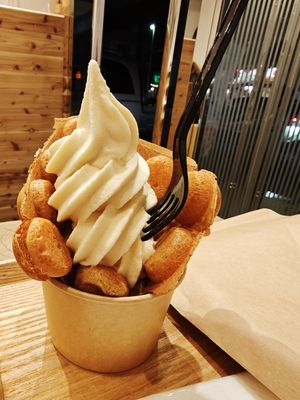 Waffle with soft ice cream at Soy Stories in Fukuoka
