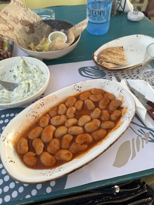 giant beans super delicious (tzatziki in the back is not vegan!)  at Aeoli Restaurant in Paros