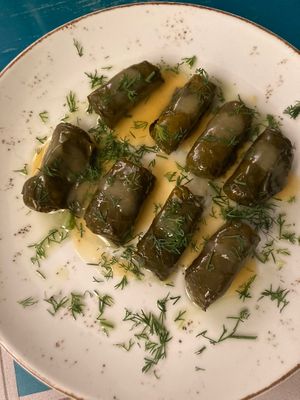Dolmades (grape leaves stuffed with rice)  at Aeoli Restaurant in Paros