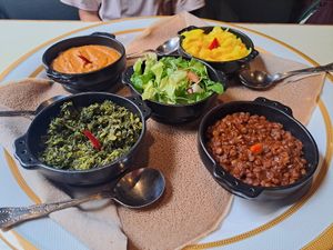 Injeera with 5 vegan dishes at Mosob in Glasgow