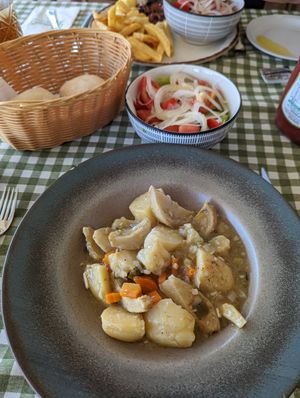 Vegan stew, with bread, vegan butter and salad at Raphael's Restaurant in Ayia Napa