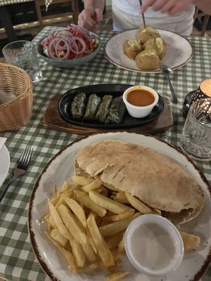 vegan Gyros + vegan Dolmadakia on request + oven baked potatos with garlic  at Raphael's Restaurant in Ayia Napa