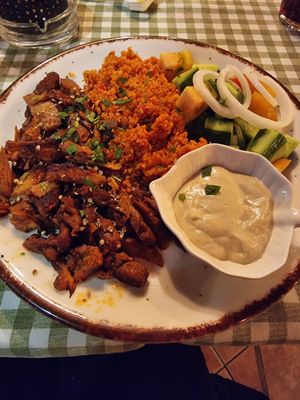 Afelia - marinated in red wine vegan meat at Raphael's Restaurant in Ayia Napa