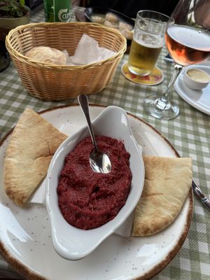 Pita with beetroot hummus   at Raphael's Restaurant in Ayia Napa