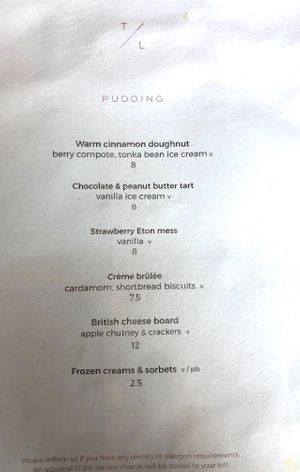 Dessert menu at The Lighterman in North London