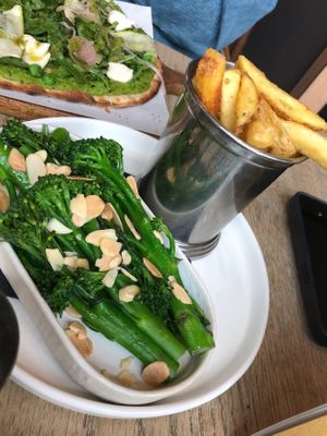 Broccoli and fries at The Lighterman in North London