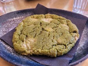Matcha and white chocolate cookie (vegan of course) at Papegoye in Oslo