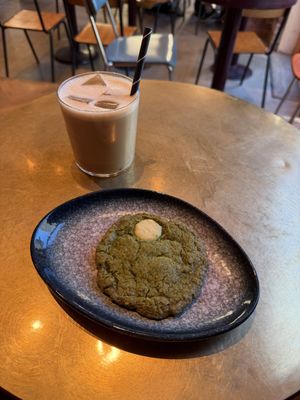 Iced latte, matcha cookie  at Papegoye in Oslo