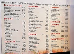 Menu at Kisaku in Geneva