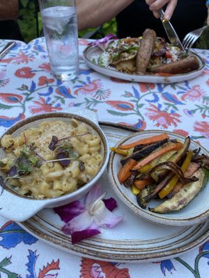 mac and cheese and vegetable medley; pierogi and sausage in the back   at V-Spot in New Hope