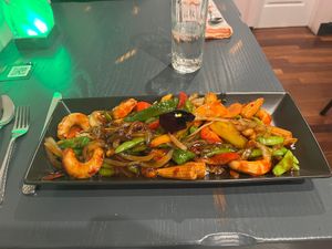 Shrimp Kung Pao. I am giving my main entre a solid A grade. Same for the service.  at V-Spot in New Hope