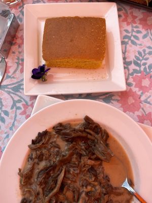 Bowl of mushroom soup and cornbreadd  at V-Spot in New Hope