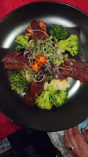 BBQ Ribs 
Vegan Ribs with House Made BBQ Sauce, Served with Mashed Potatoes at V-Spot in New Hope