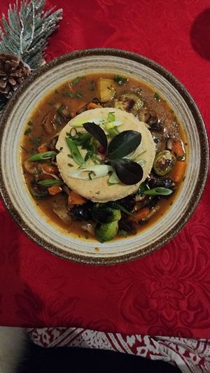 Veggie Pot Pie 
Roasted Brussels sprouts, butternut squash, and vegetables in a savory miso-garlic broth, crowned with a golden biscuit and fresh scallions. at V-Spot in New Hope