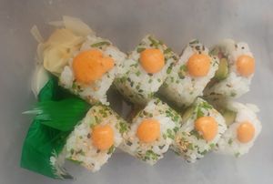 Buddha roll - Vegan friendly roll, pumpkin croquettes, pickled red onions, avocado, cucumber, beetroot mayo at Sukoya in Manchester