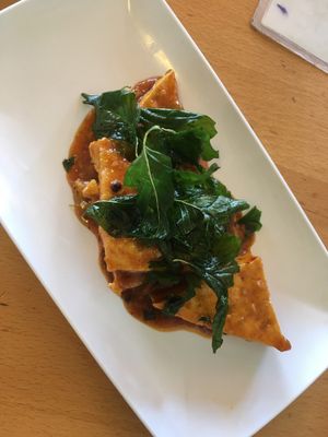 Sweet & spicy tofu (topped with crispy like leaves) at Opal Thai in Honolulu