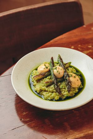 Asparagus with pea and broad bean rice & Alioli (V) - can be served (VG) on request without cheese at Canto in Manchester