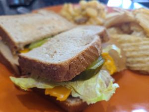 Turkey bacon club sandwich, potato salad, and chips (all vegan) at Tazza Café in Fort Wayne