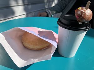 Basic B and an oatmilk latte  at Dough Joy - SW Oregon in Seattle