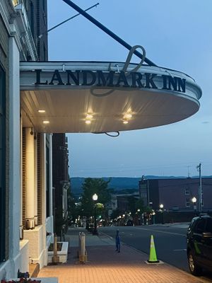 View from the street of the entrance  at Northland Gastropub at Landmark Inn in Marquette
