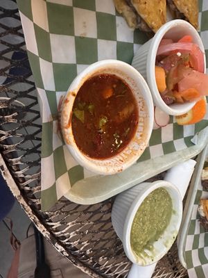 Vegan birria sauce + pickled veggies   at Camp Taco at Lost Forty Brewing in Little Rock