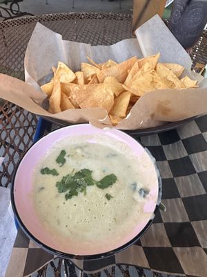 Vegan cheesy sauce + chips  at Camp Taco at Lost Forty Brewing in Little Rock