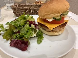 Cheeseburger with salad (you can chose chips instead salad)  at Whitely Kyoto in Kyoto