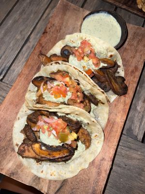 Mushroom Taco - Marinated shitakes with pico de gallo & a creamy tofu coriander sauce  at Karma Kayak in 