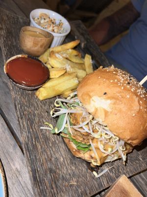 Vegan Indo Burger - Indonesian styled burger with marinated tempeh sate, taoge, spinach leaves & sate sauce  at Karma Kayak in 